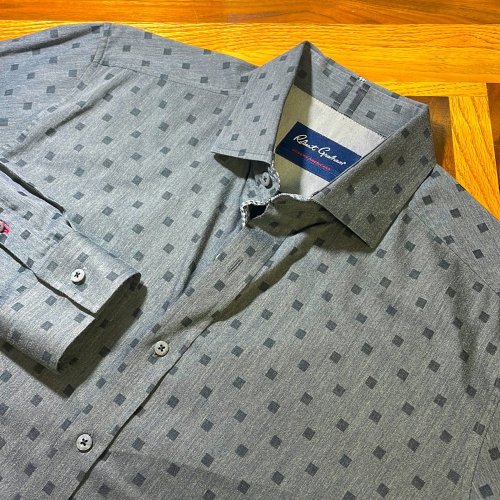 Robert Graham mens XL tailored fit square print dark gray button up casual shirt